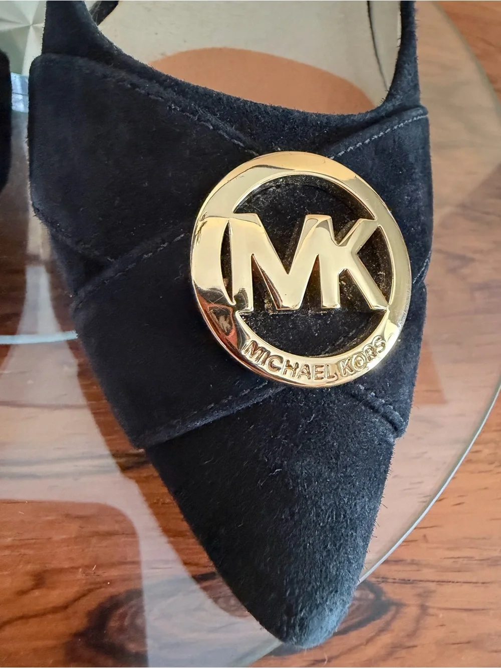 Michael Kors Caroline Black Suede Gold MK Logo Medallion Pointed Toe Pumps 9.5